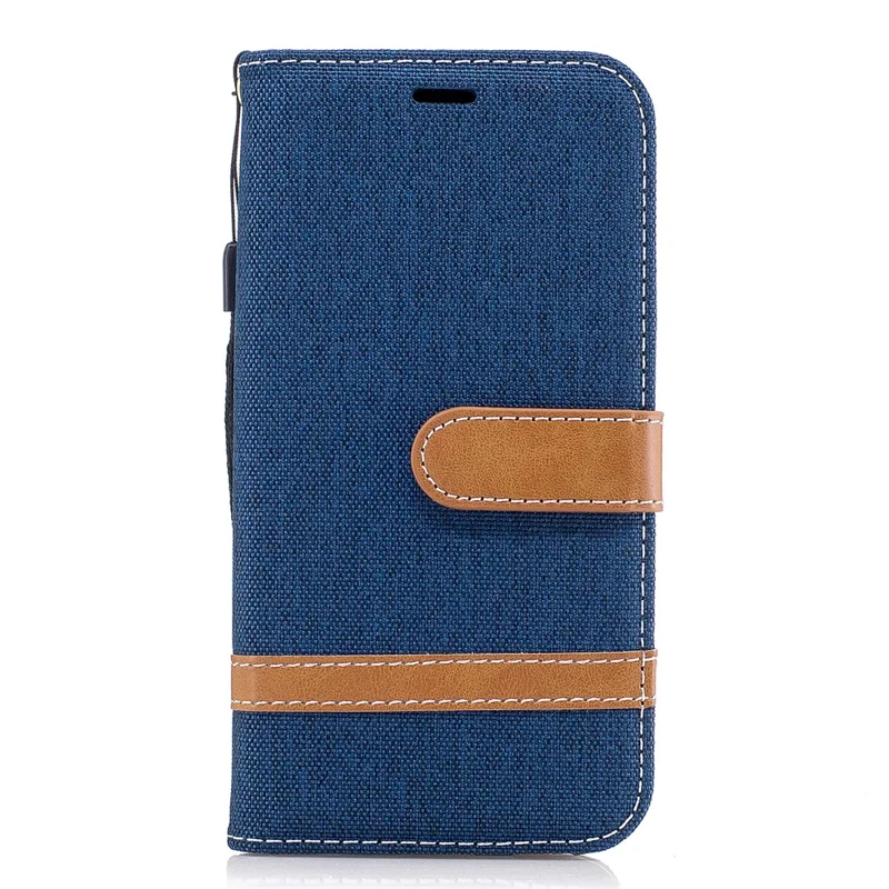 For Samsung Galaxy J3 (2017) EU Version Two-tone Jean Cloth Leather Wallet Stand Case with Card Slots - Dark Blue