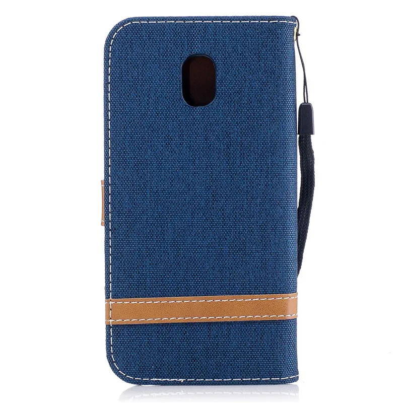 For Samsung Galaxy J3 (2017) EU Version Two-tone Jean Cloth Leather Wallet Stand Case with Card Slots - Dark Blue