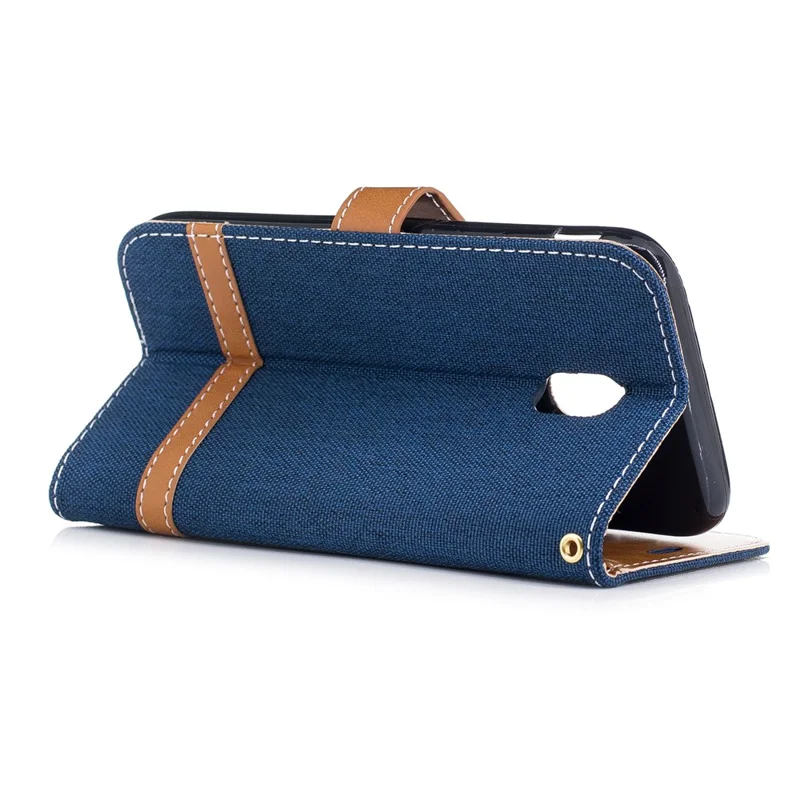 For Samsung Galaxy J3 (2017) EU Version Two-tone Jean Cloth Leather Wallet Stand Case with Card Slots - Dark Blue
