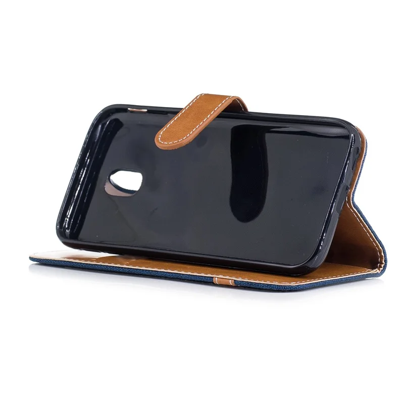 For Samsung Galaxy J3 (2017) EU Version Two-tone Jean Cloth Leather Wallet Stand Case with Card Slots - Dark Blue