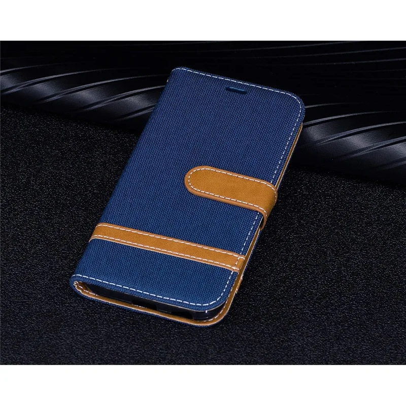 For Samsung Galaxy J3 (2017) EU Version Two-tone Jean Cloth Leather Wallet Stand Case with Card Slots - Dark Blue