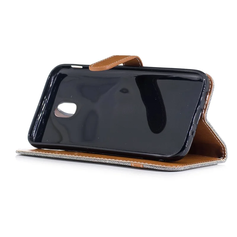 Two-tone Jean Cloth PU Leather Wallet Stand Casing for Samsung Galaxy J5 (2017) J530 EU Version - Grey
