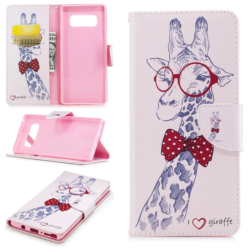 Pattern Printing PU Leather Wallet Stand Phone Accessory Case for Samsung Galaxy Note 8 - Giraffe Wearing Glasses