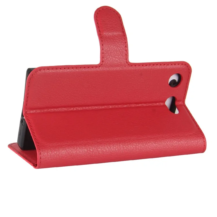 Ranuras de Tarjeta de Grano Litchi Cubierta de Estuche Protectora de Cuero Para Sony Xperia XZ1 Compact Willet Stand Case de Teléfono - Rojo