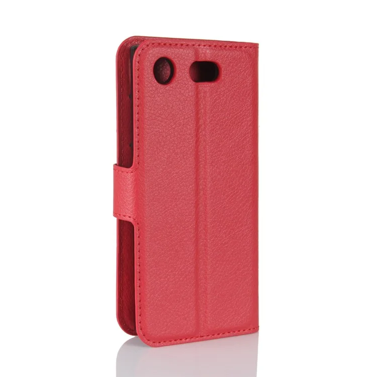 Ranuras de Tarjeta de Grano Litchi Cubierta de Estuche Protectora de Cuero Para Sony Xperia XZ1 Compact Willet Stand Case de Teléfono - Rojo