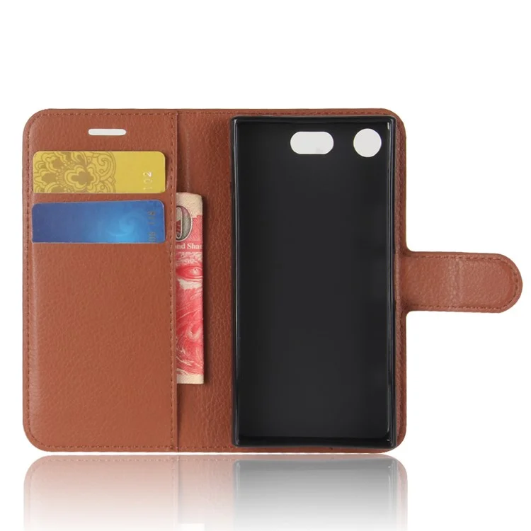 Litchi Grain Card Slots Leather Protective Flip Case Cover for Sony Xperia XZ1 Compact Wallet Stand Phone Case - Brown