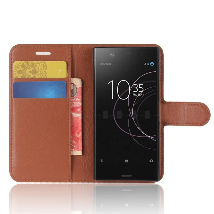 Litchi Grain Card Slots Leather Protective Flip Case Cover for Sony Xperia XZ1 Compact Wallet Stand Phone Case - Brown