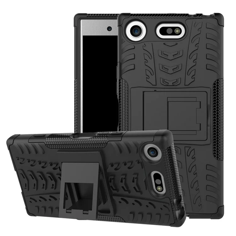 2-in-1 Tyre Pattern Kickstand PC + TPU Hybrid Case for Sony Xperia XZ1 Compact - Black