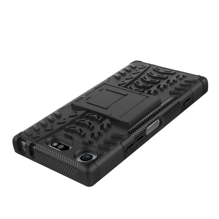 2-in-1 Tyre Pattern Kickstand PC + TPU Hybrid Case for Sony Xperia XZ1 Compact - Black