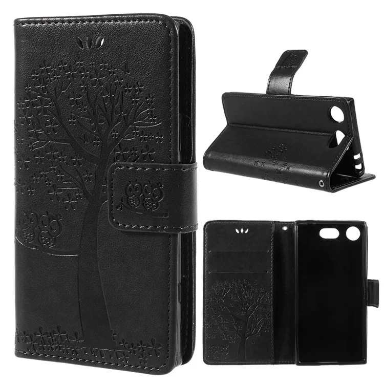 Imprint Tree Owl Leather Wallet Case for Sony Xperia XZ1 Compact - Black