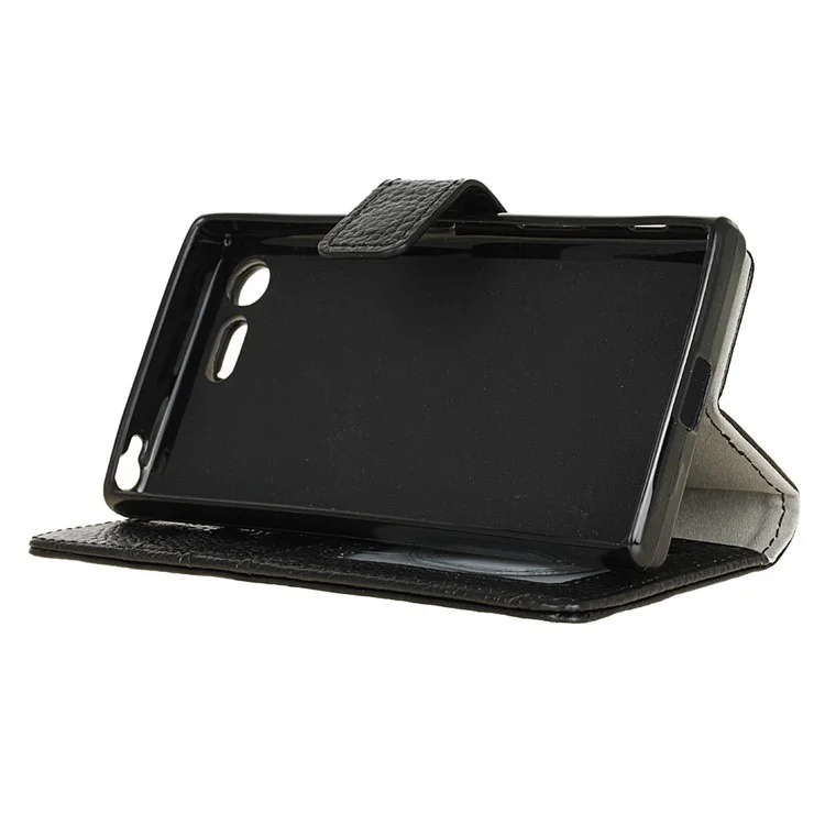 Litchi Grain Genuine Leather Wallet Stand Phone Case for Sony Xperia XZ1 Compact - Black