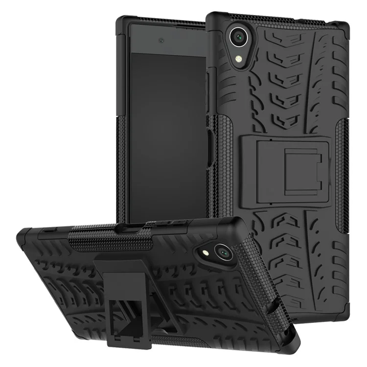 For Sony Xperia XA1 Plus Kickstand PC TPU Hybrid Phone Casing Cool Tyre Pattern - Black