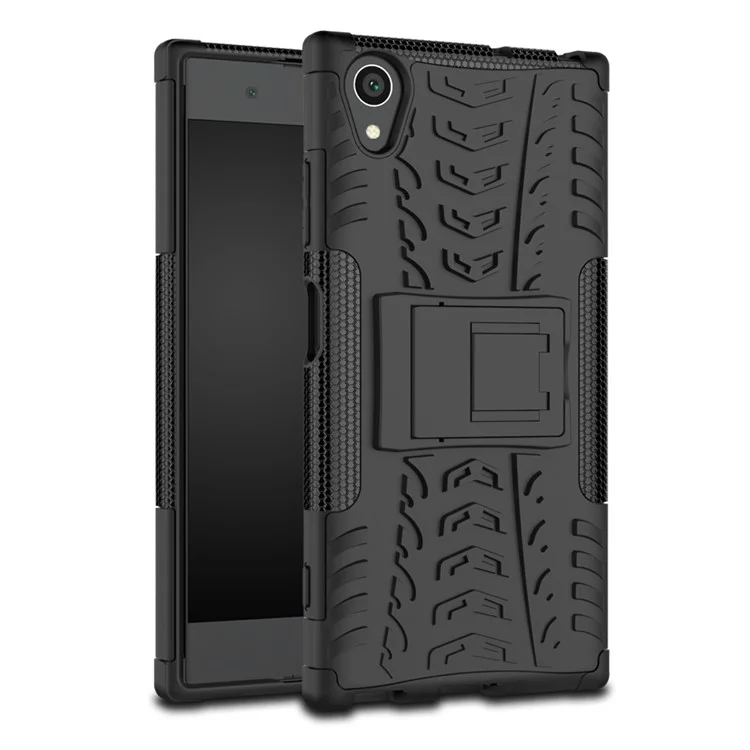For Sony Xperia XA1 Plus Kickstand PC TPU Hybrid Phone Casing Cool Tyre Pattern - Black