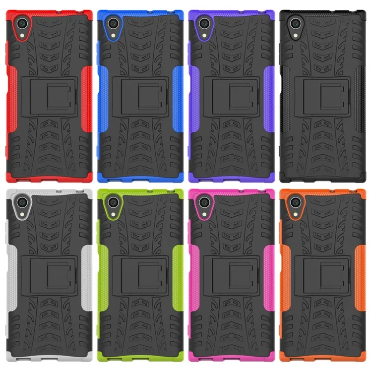 For Sony Xperia XA1 Plus Kickstand PC TPU Hybrid Phone Casing Cool Tyre Pattern - Black