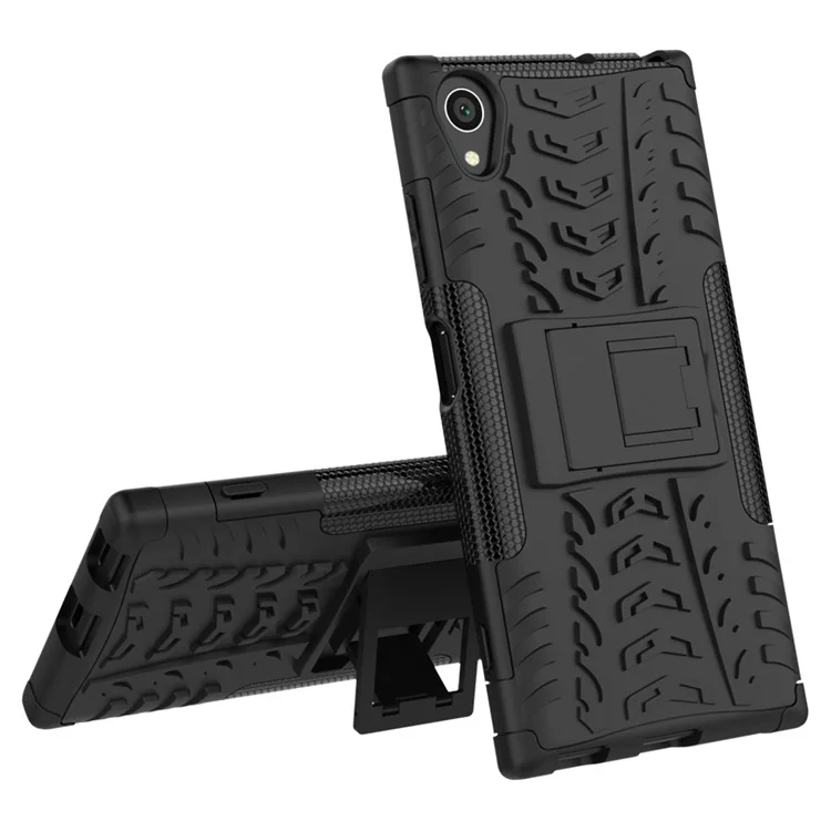 For Sony Xperia XA1 Plus Kickstand PC TPU Hybrid Phone Casing Cool Tyre Pattern - Black