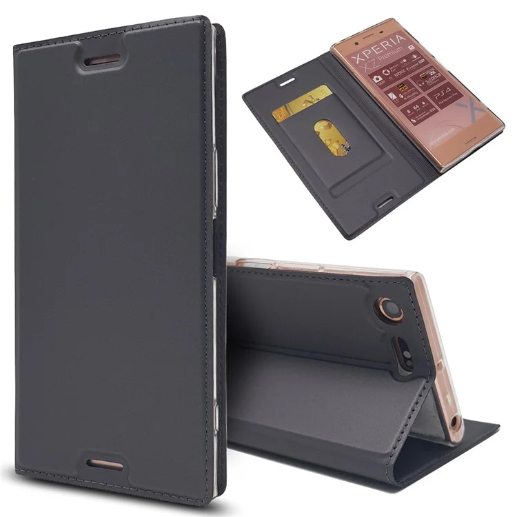 Auto-absorbed Magnetic Leather Card Holder Cover for Sony Xperia XZ Premium - Black