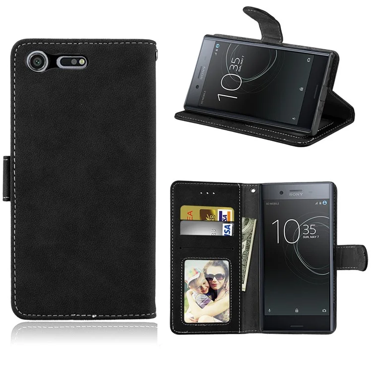 Matte Surface PU Leather 3 Card Slots Wallet Stand Mobile Phone Cover for Sony Xperia XZ Premium - Black