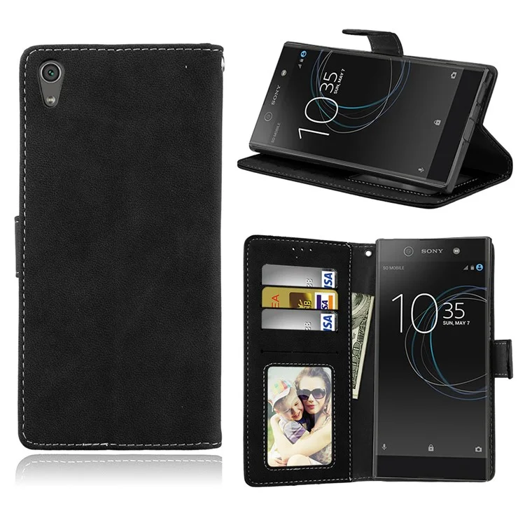 Matte Surface PU Leather 3 Card Slots Wallet Stand Mobile Phone Case for Sony Xperia XA1 Ultra - Black