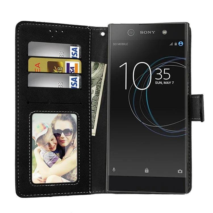 Matte Surface PU Leather 3 Card Slots Wallet Stand Mobile Phone Case for Sony Xperia XA1 Ultra - Black