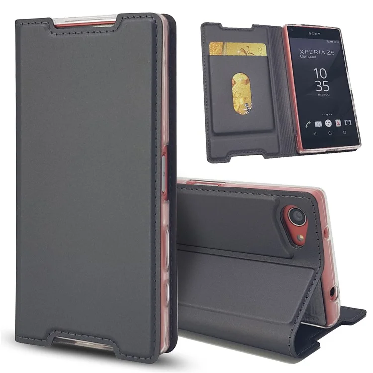 Magnetic Attraction Card Holder PU Leather Case for Sony Xperia Z5 Compact - Black
