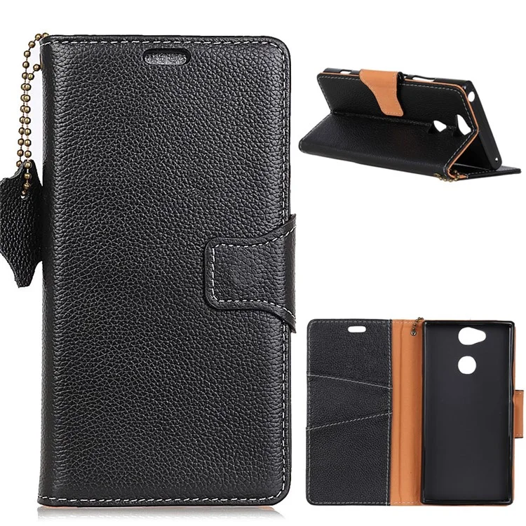 For Sony Xperia XA2 Litchi Texture Genuine Leather Wallet Stand Case Accessory - Black