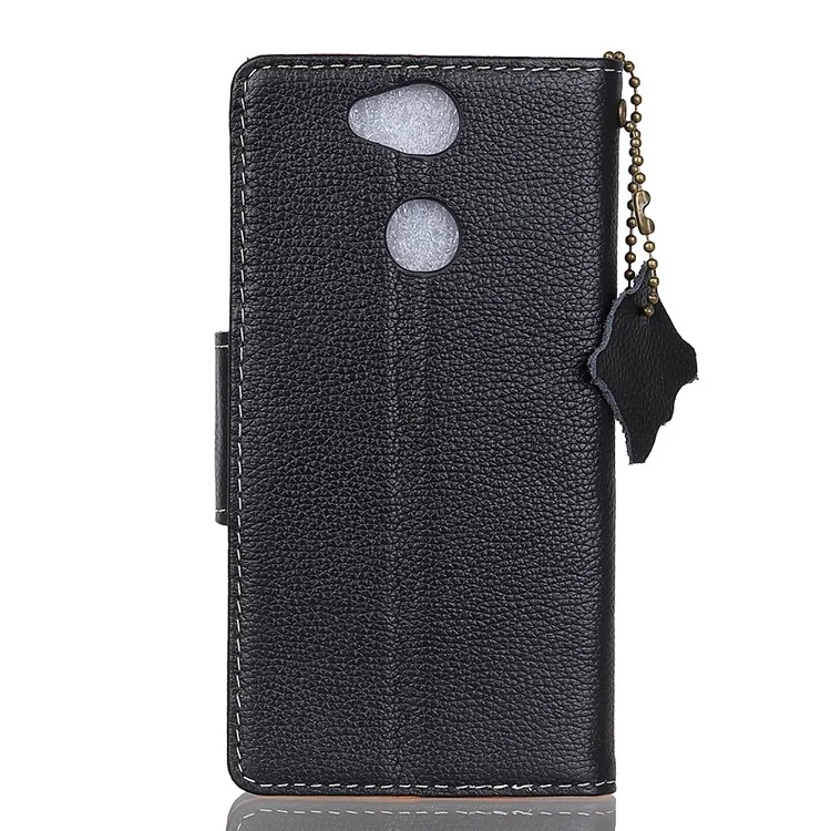 For Sony Xperia XA2 Litchi Texture Genuine Leather Wallet Stand Case Accessory - Black