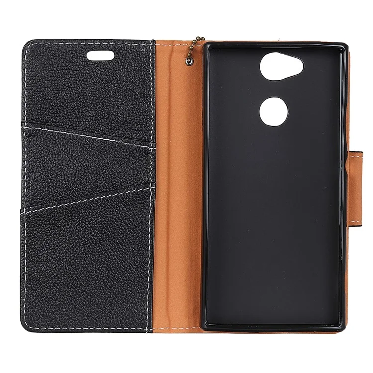 For Sony Xperia XA2 Litchi Texture Genuine Leather Wallet Stand Case Accessory - Black