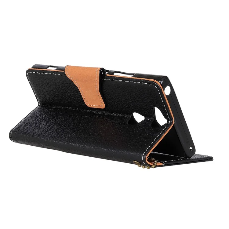 For Sony Xperia XA2 Litchi Texture Genuine Leather Wallet Stand Case Accessory - Black