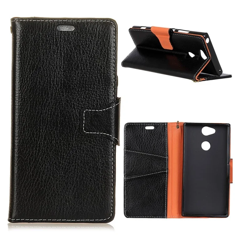 Crazy Horse Genuine Leather Wallet Stand Phone Casing for Sony Xperia XA2 - Black