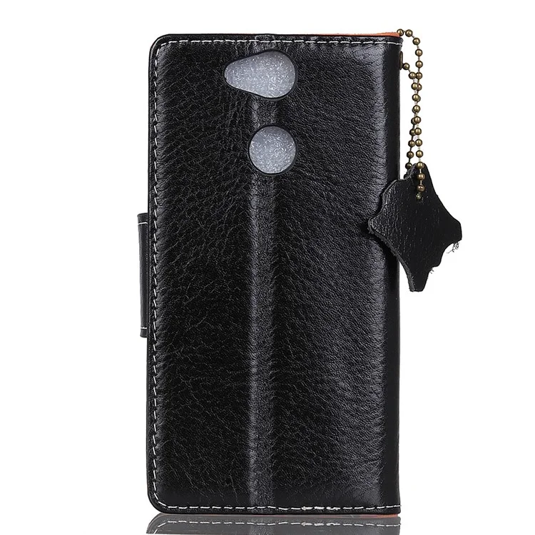 Crazy Horse Genuine Leather Wallet Stand Phone Casing for Sony Xperia XA2 - Black