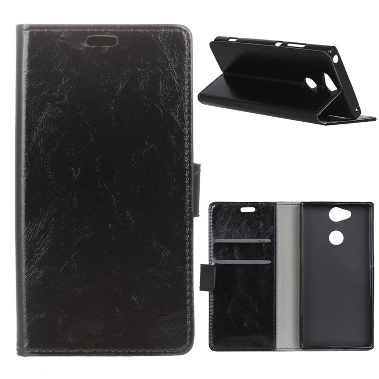For Sony Xperia XA2 Crazy Horse Texture Leather Wallet Stand Phone Cover Case - Black