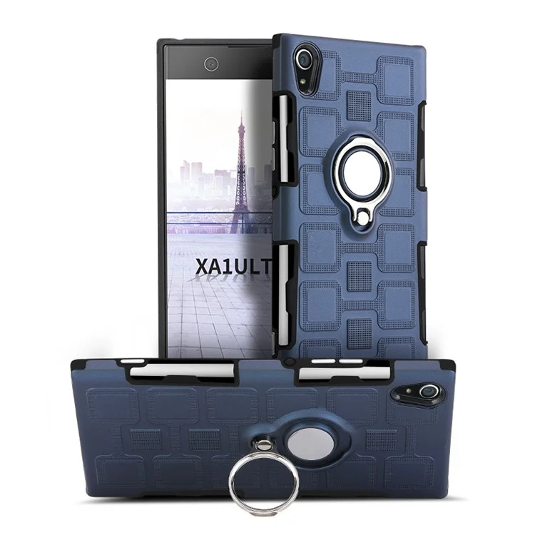 Geometric Pattern Magnetic Car Mount Ring Holder TPU PC Hybrid Case for Sony Xperia XA1 Ultra - Dark Blue