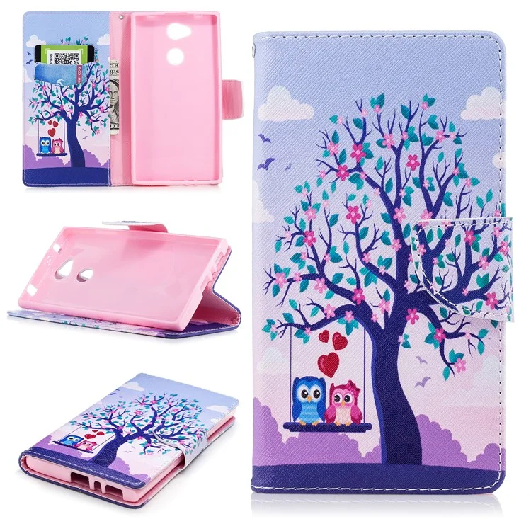 Pattern Printing Wallet Leather Phone Casing for Sony Xperia L2 - Two Swinging Owls