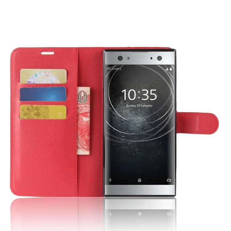 Litchi Grein Stand Stand Leather Shell Para Sony Xperia Xa2 Ultra - Vermelho