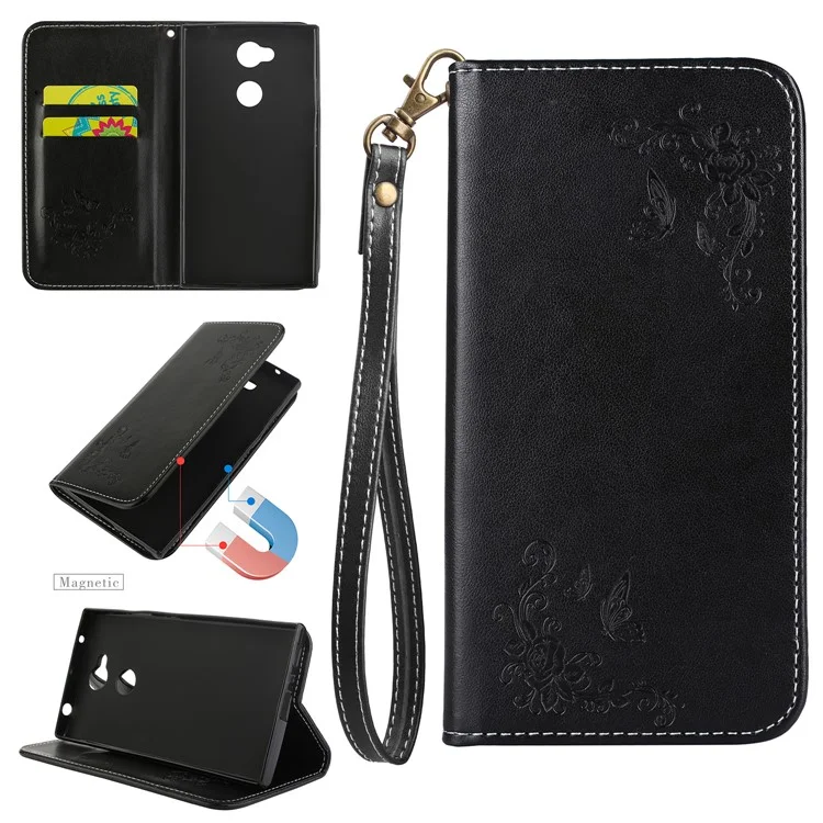 Auto-absorbed Imprint Butterfly Flower Leather Card Slots Case for Sony Xperia L2 - Black