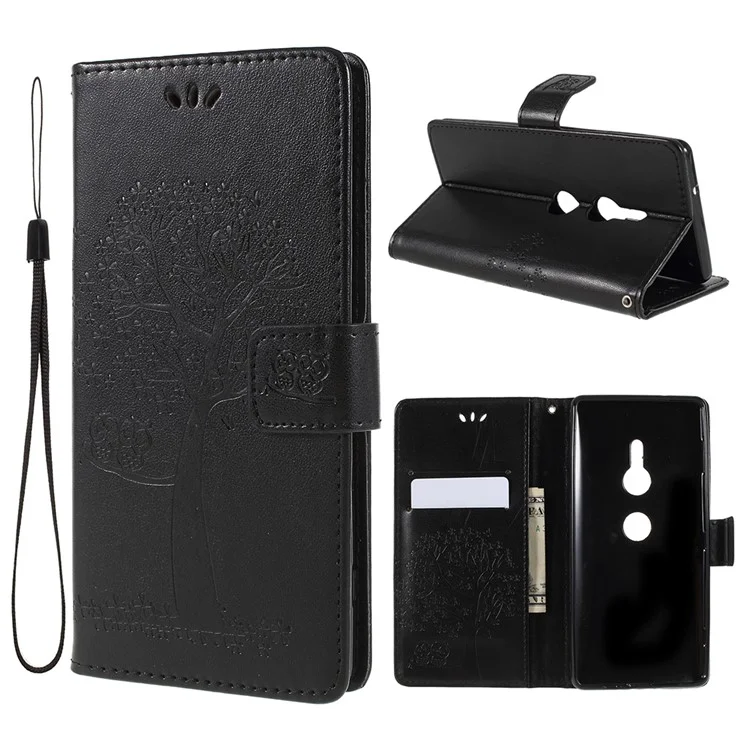 Imprint Tree Owl Leather Wallet Case for Sony Xperia XZ2 - Black