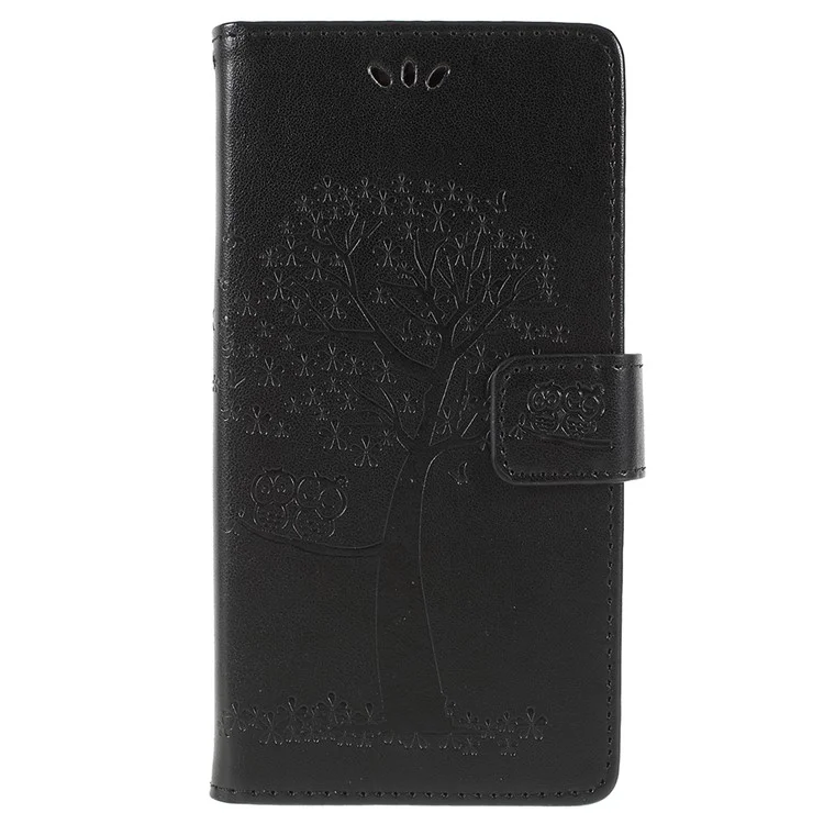 Imprint Tree Owl Leather Wallet Case for Sony Xperia XZ2 - Black