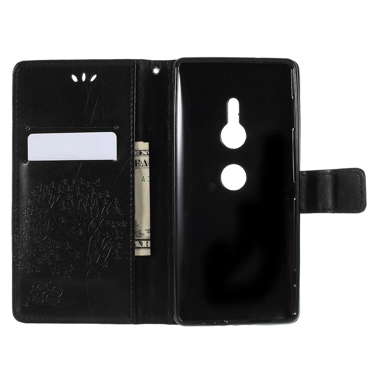 Imprint Tree Owl Leather Wallet Case for Sony Xperia XZ2 - Black