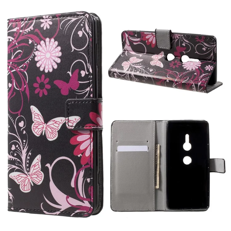 Pattern Printing PU Leather Wallet Cover with Stand for Sony Xperia XZ2 - Butterflies and Flowers
