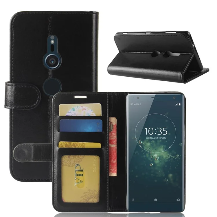 Crazy Horse Magnetic Stand Wallet Leather Telefone Case Para Sony Xperia XZ2 - Preto