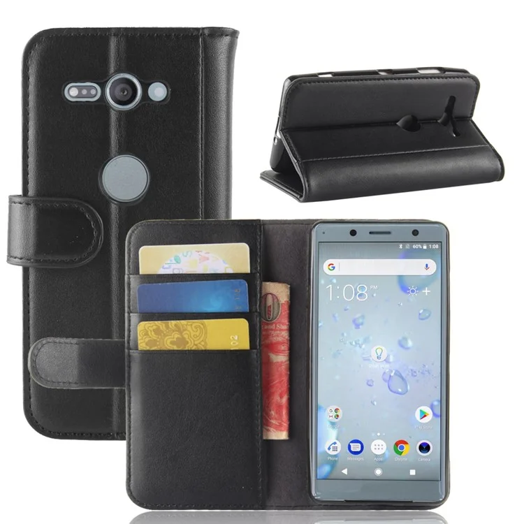 Genuine Leather Magnetic Wallet Phone Shell with Stand for Sony Xperia XZ2 Compact - Black