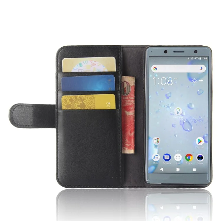 Genuine Leather Magnetic Wallet Phone Shell with Stand for Sony Xperia XZ2 Compact - Black