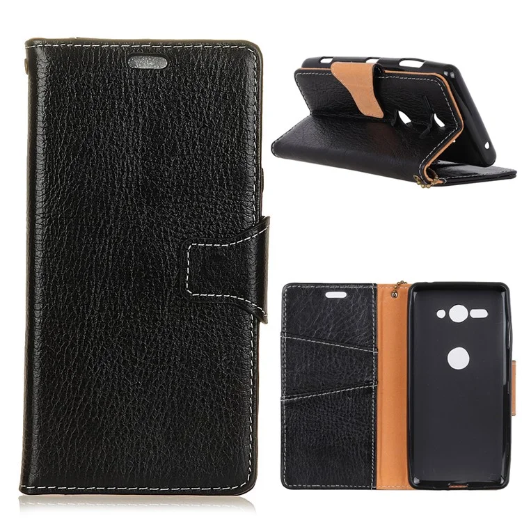 Genuine Leather Crazy Horse Flip Wallet Stand Cover for Sony Xperia XZ2 Compact - Black