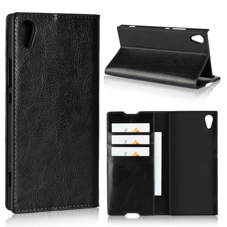 Crazy Horse Genuine Leather Wallet Case for Sony Xperia XA1 - Black