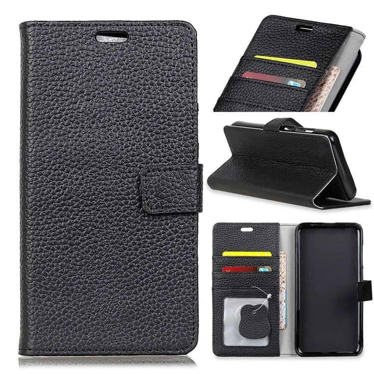 For Sony Xperia XZ2 Litchi Grain Genuine Leather Wallet Stand Magnetic Mobile Casing - Black