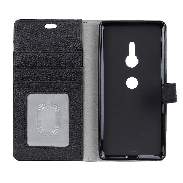 For Sony Xperia XZ2 Litchi Grain Genuine Leather Wallet Stand Magnetic Mobile Casing - Black
