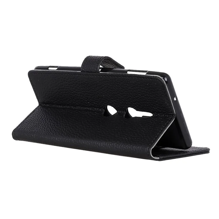 For Sony Xperia XZ2 Litchi Grain Genuine Leather Wallet Stand Magnetic Mobile Casing - Black
