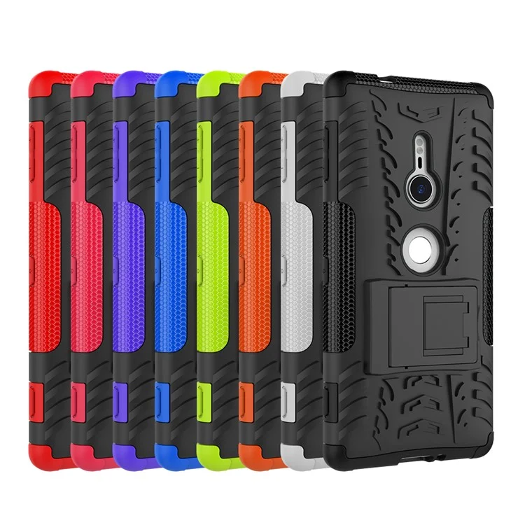 2-in-1 Tyre Pattern PC + TPU Hybrid Case with Kickstand for Sony Xperia XZ2 - Black