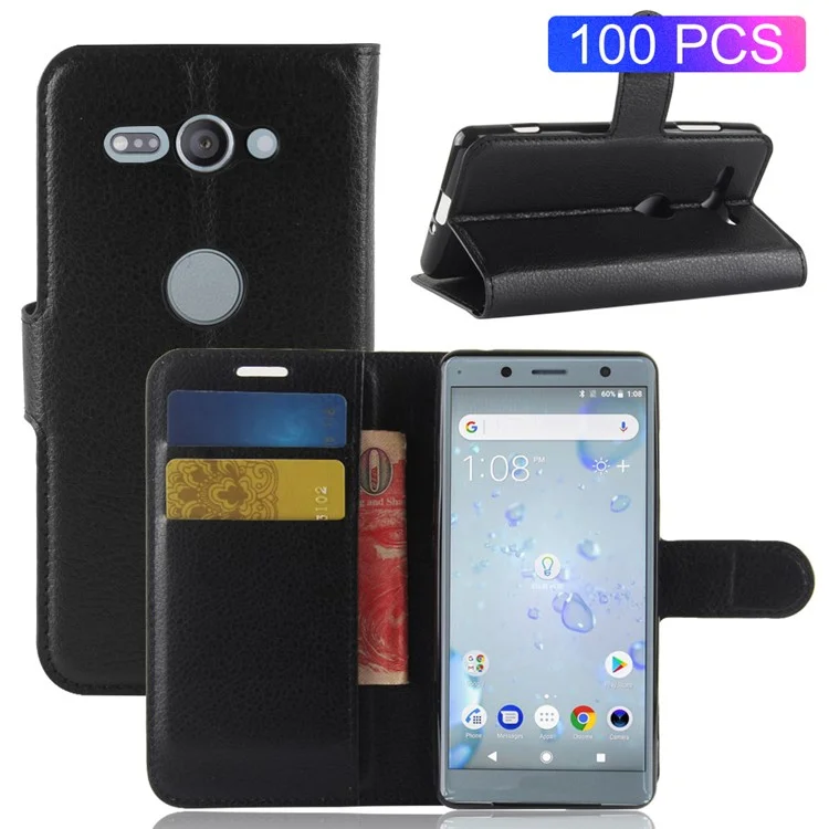 100Pcs/Set Litchi Grain Wallet Stand Leather Case for Sony Xperia XZ2 Compact - Black
