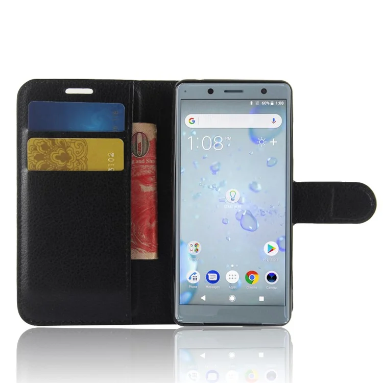 100Pcs/Set Litchi Grain Wallet Stand Leather Case for Sony Xperia XZ2 Compact - Black